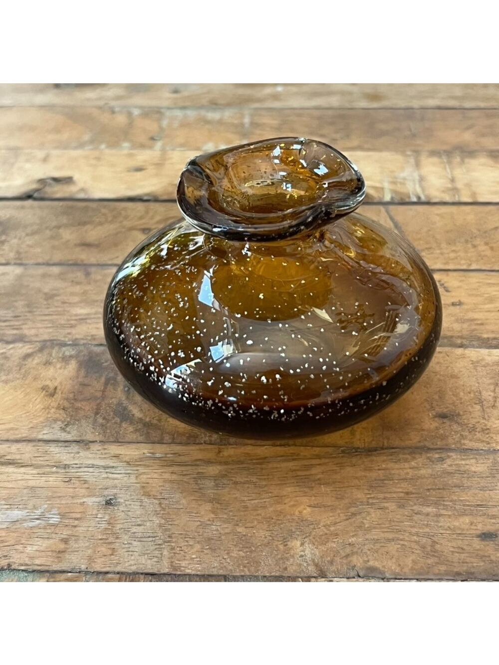 Hand Blown Amber Clear Glass Short Round Bud Vase Speckled